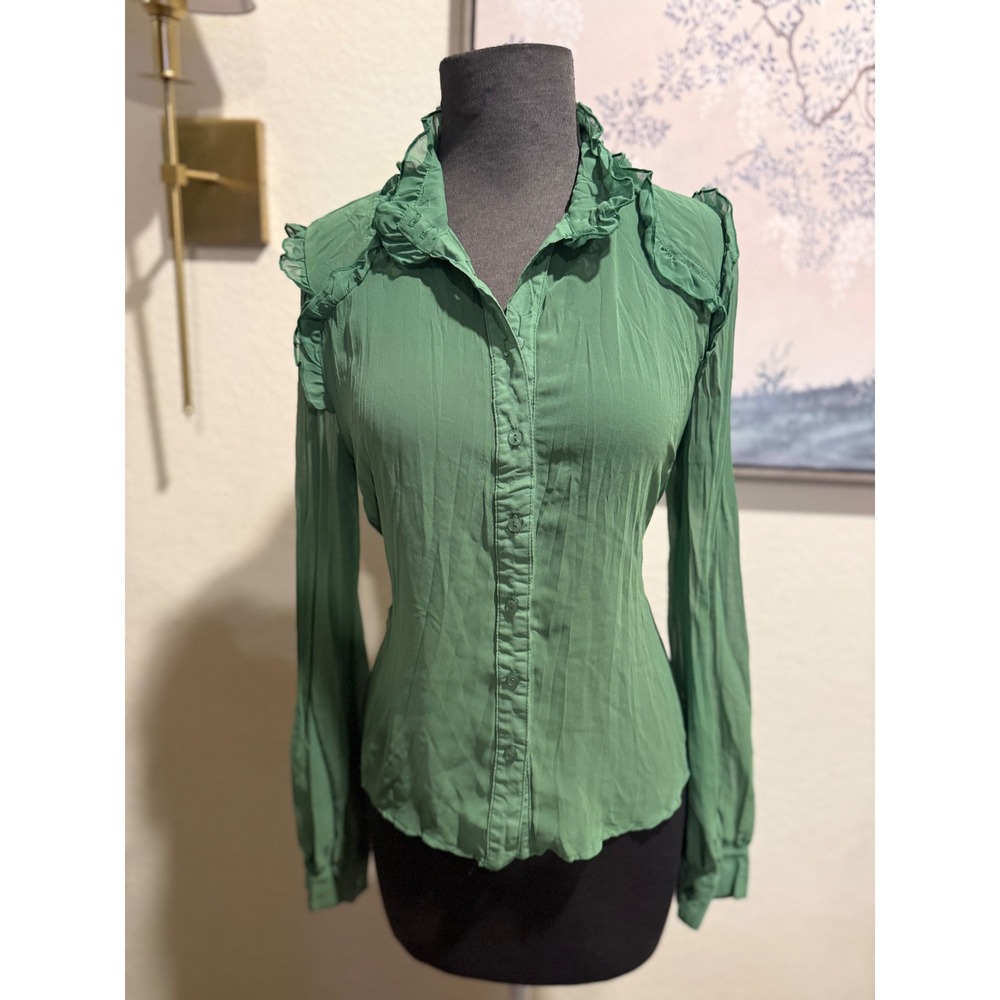 Forever 21 Green Ruffle High Neck Button Down Blouse Long Sleeve Victorian Top S